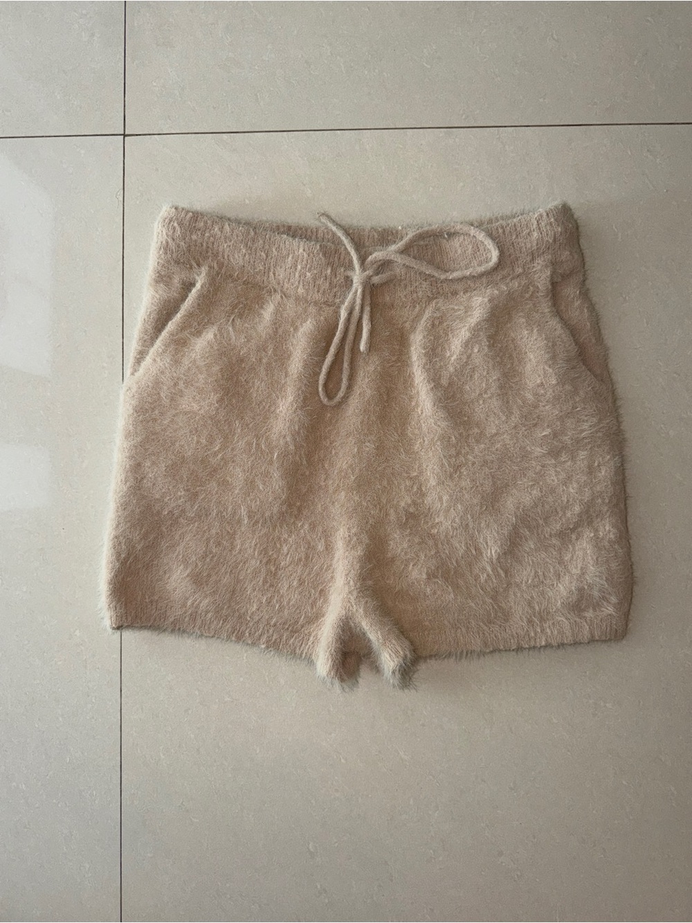 Meshki Beige Plush High-Waist Lounge Shorts